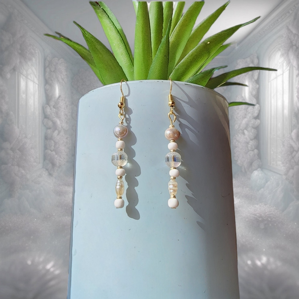 Elegant Pearl and Etched Glass Dangle Earrings Handmade Upcycled